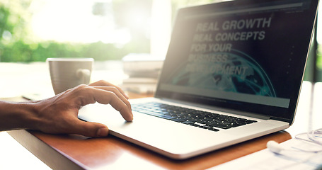 Image showing Laptop, screen and businessman hands typing development project or working on startup company growth in a office. Planning, research and entrepreneur man reading proposal from internet or online