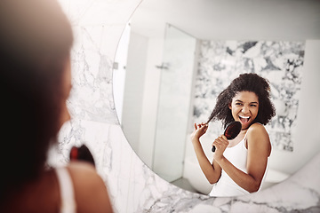 Image showing Woman, beauty and singing in mirror at apartment for haircare, fun, and preparing for the day. Female glow, happy and skincare with singer in the mirror for morning routine with hair and happiness.