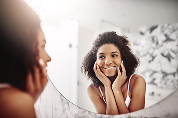 Image showing Woman, skincare and dermatology in mirror with a smile in the bathroom for wellness at a hotel. Model, happy and beauty with skin, glow for self care in the morning at an apartment for healthy face.