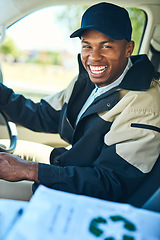 Image showing Delivery, courier driver and portrait of black man for distribution, shipping logistics and transport. Ecommerce, supply chain and happy male worker in car or van to deliver package, order and parcel