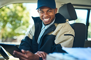 Image showing Delivery, courier and portrait of black man on tablet for distribution, shipping logistics and transport. Ecommerce, van driver and happy male worker on digital tech for package, parcel or order