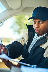 Image showing Delivery, courier van and black man with clipboard for distribution, shipping logistics and transport. Ecommerce, online shopping and male worker with checklist to deliver package, order and product