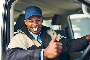 Image showing Delivery van, courier and portrait of man with thumbs up for distribution, shipping logistics and transport. Ecommerce, yes gesture and happy African male driver to deliver package, order and parcel