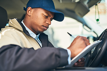 Image showing Delivery, courier van and black man with checklist for distribution, shipping logistics and transport. Ecommerce, online shopping and male worker writing on form to deliver package, order and product