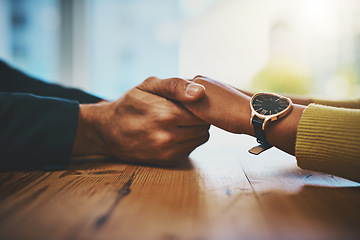 Image showing Closeup, holding hands and couple with empathy, support and solidarity with comfort, forgive or grief. Zoom, man and woman with love, touching hand or gratitude with trust, help or kindness with hope