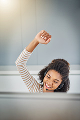 Image showing Winner, call center success or excited black woman in celebration of deal, promotion or victory. Applause, smile or happy CRM consultant celebrates winning a bonus, target achievement or sales goals
