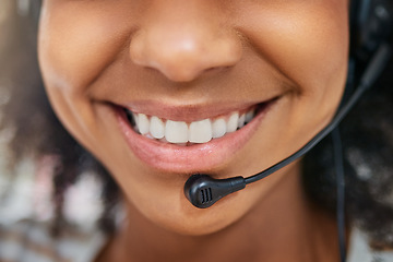 Image showing Mic, mouth or happy woman in call center with smile talking, speaking or networking in tech support. Girl smiling, closeup or friendly sales agent in communication at customer services or telecom