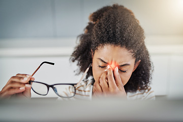 Image showing Eye strain, burnout or black woman with headache, stress or exhausted with fatigue, anxiety or depression. Tired employee, glasses or journalist with migraine pain, red glow or frustrated by mistake