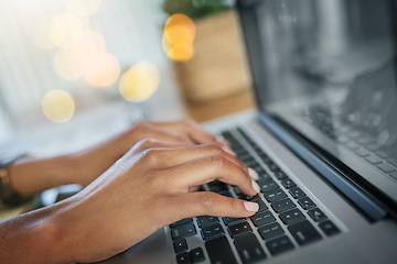 Image showing Hands, editor or woman typing on laptop for networking on email or online research project on keyboard. Editing closeup, digital or girl copywriting on blog website, feedback or internet articles