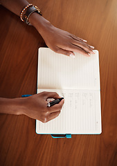 Image showing Checklist, notebook and hands of woman writing in book for planning, organization and to do list at home. Brainstorming, notes and above of female person write goals, agenda and schedule in journal