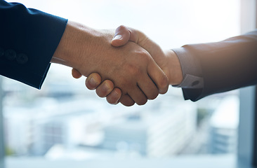 Image showing Handshake, partnership and interview with business men in the office for agreement, deal or company merger. Meeting, b2b or welcome with people greeting at work in collaboration or to say thank you