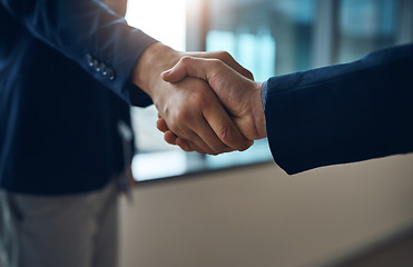 Image showing Handshake, welcome and b2b with business men in the office for agreement, deal or company merger. Meeting, interview or partnership with people greeting at work in collaboration or to say thank you