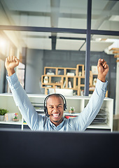 Image showing Call center, celebration and happy black man winning in office for consulting, sale success and communication. Telemarketing, winner and male consultant for customer service, crm support and network