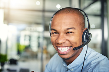Image showing Call center, customer service and portrait of happy black man for consulting, help and advice. Telemarketing, communication and male consultant smile for contact, crm support and networking in office