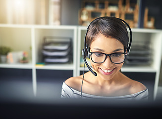 Image showing Call center, customer service and face of woman on computer for consulting, help and advice. Telemarketing, communication and female consultant smile for contact, crm support and networking in office