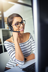 Image showing Call center, happy and woman for customer service on computer for consulting, help and advice. Telemarketing, communication and female consultant for contact, crm support and networking in office