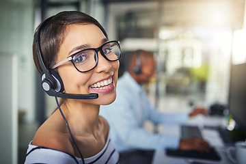 Image showing Call center, customer service and portrait of woman with smile for consulting, help and advice. Telemarketing, communication and female consultant for contact, crm support and networking in office