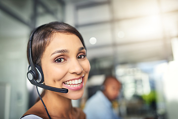 Image showing Call center, customer service and happy portrait of woman for consulting, help and advice. Telemarketing, communication and female consultant smile for contact, crm support and networking in office