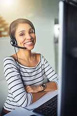 Image showing Call center, customer support and portrait of happy woman on computer for consulting, help and advice. Telemarketing, communication and female consultant for contact, crm service or network in office