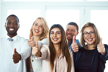 Image showing Happy, portrait and group of business people with thumbs up in office workplace. Face, hand gesture and employee teamwork with like emoji for success, ok or agreement, approval and thank you sign.