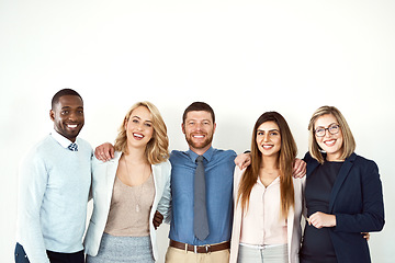 Image showing Collaboration, portrait and smile of lawyers by white wall background or mockup in workplace. Confident face, law group and business people standing together with teamwork, diversity and cooperation.