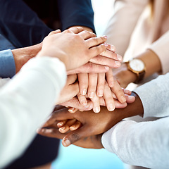 Image showing Team building, support or hands of business people in stack for, partnership, support or community mission. Trust, motivation or closeup of corporate group of workers with goals or target in meeting