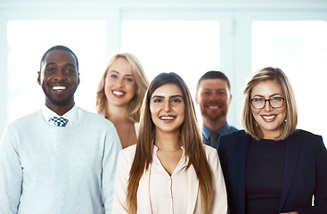 Image showing Portrait, smile and teamwork of business people in office workplace with unity, solidarity and synergy. Face, confident group and lawyers standing together for diversity, motivation and collaboration