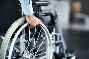 Image showing Wheelchair, disability and man hand holding wheel in a hospital for healthcare. Disabled, mobility problem and male person in a clinic for support and medical care with hands of patient and mockup