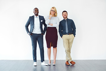 Image showing Diversity, portrait of colleagues and against a white background happy together standing. Teamwork or collaboration, corporate and coworkers or group of friends stand with pose in studio backdrop