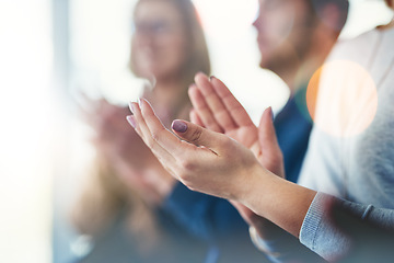 Image showing Applause, success and seminar with hands of business people for support, teamwork and celebration. Wow, winner and target with closeup of audience clapping for goal, motivation and agreement