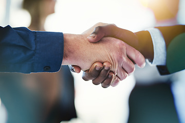 Image showing Business people, closeup hand shake and agreement in office with congratulations, support or welcome for hiring. Team building, hands and connect for synergy, teamwork or partnership in collaboration