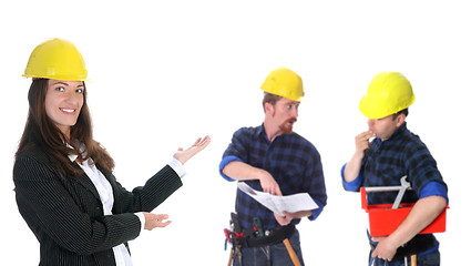 Image showing businesswoman with successful construction workers