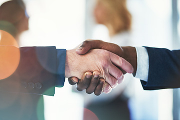 Image showing Business people, closeup and shaking hands in agreement with human resources, b2b deal or welcome for hiring. Team building, handshake and connect for synergy, trust and partnership in collaboration