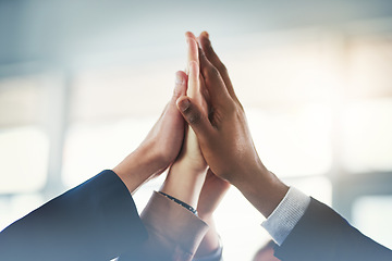 Image showing Business people, closeup high five and group for teamwork, support or mission for goal in insurance company. Team building, hands and connection with synergy, solidarity or collaboration in workplace