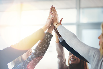 Image showing Business people, group high five and motivation for collaboration for support, trust or goal in insurance company. Team building, hands and connection for synergy, teamwork or solidarity in workplace