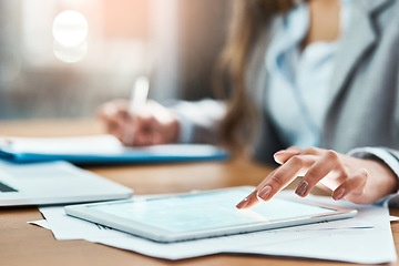 Image showing Business woman, tablet and screen with documents, legal paperwork and writing or research at night. Typing, scroll and professional person or lawyer hands on digital tech, policy checklist or report