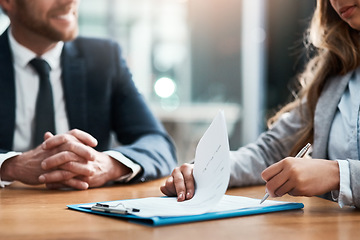 Image showing Documents, contract and business people or partner writing signature for deal, partnership or legal paperwork at night. Paper, happy and lawyer woman or notary hands at law firm, success or agreement