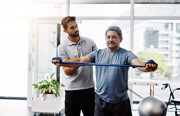 Image showing Physiotherapy, rehabilitation and band with old man and doctor for training, stretching and injury. Medical, healing and healthcare with physiotherapist and patient for consulting, help and fitness