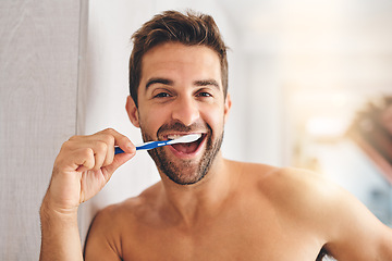 Image showing Portrait, toothbrush and happy man brushing teeth in morning for dental wellness, healthy habit and gums. Face of guy cleaning mouth for fresh breath, oral hygiene and routine in bathroom at home