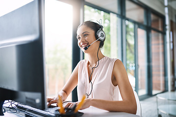 Image showing Happy woman, call center and consulting on computer in customer support, service or telemarketing at office. Friendly female person, consultant or agent smiling for online advice or communication