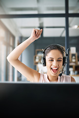 Image showing Happy woman, call center and celebration for winning, success or promotion in customer service or telemarketing at the office. Excited female person or consultant agent winner in contact us or sale