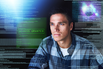 Image showing Hacker, hologram and man with focus, database and digital software with cyber security, coding and research. Male person, programmer or coder with data analysis, holographic and connection for server