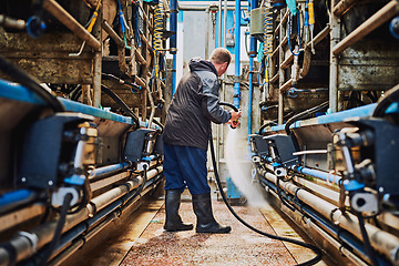 Image showing Man, machine or farmer cleaning in factory hosing off a dirty or messy floor after dairy milk production. Cleaner, farming industry or worker working with water hose for healthy warehouse machinery