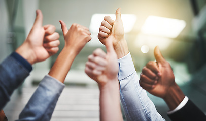 Image showing Thumbs up, winner and support with hands of business people in office for agreement, yes and teamwork like. Emoji, success and community with group of employees for goals, thank you and motivation