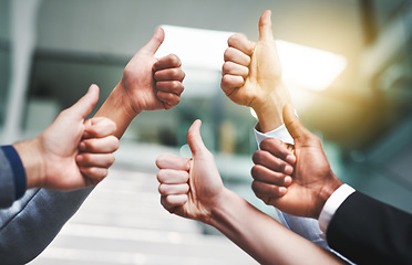 Image showing Thumbs up, agreement and hands with like of business people in office for success, yes and teamwork. Emoji, support and community with group of employees for goals, thank you and motivation