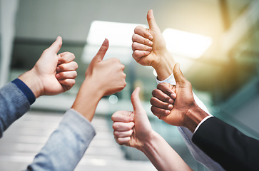 Image showing Thumbs up, success and teamwork with hands of business people in office for agreement, like and yes. Emoji, support and community with group of employees for goals, thank you and motivation