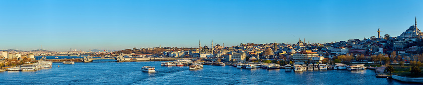 Image showing Istanbul, Turkey - 1 April, 2017: Panorama of Cityscape of Golden horn with ancient and modern buildings