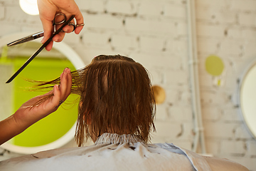 Image showing Hairdresser making a hair style to cute little girl.