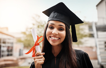 Image showing Portrait, university and Latino woman with certificate, graduation and scholarship with education, knowledge and degree. Face, happy female person and student with happiness, college and celebration