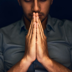 Image showing God, worship and man with hands praying for help, hope and guidance in dark studio. Pray, thank you and Christian male in prayer for hope, gratitude and holy praise, faith or blessing to Jesus Christ